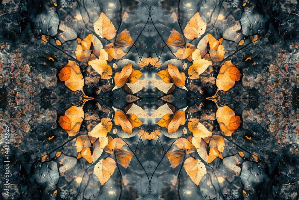 Poster autumn leaves reflected in dark water, creating a symmetrical pattern.