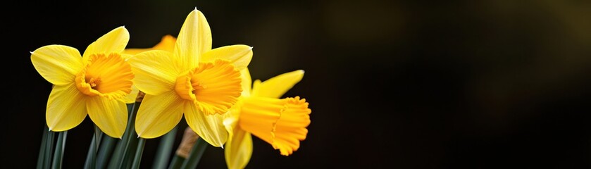 Fototapeta premium Several bright yellow daffodils are clustered against a dark backdrop