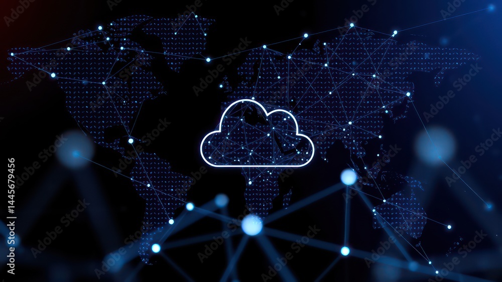 Poster global network infrastructure cloud computing and worldwide connectivity