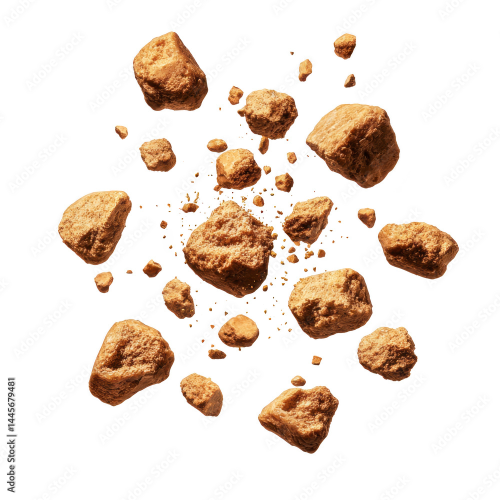 Poster golden brown sugar cubes scattered on transparency background, showcasing their rough texture and cr