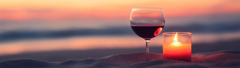 A glass of wine and candle on sandy beach at sunset