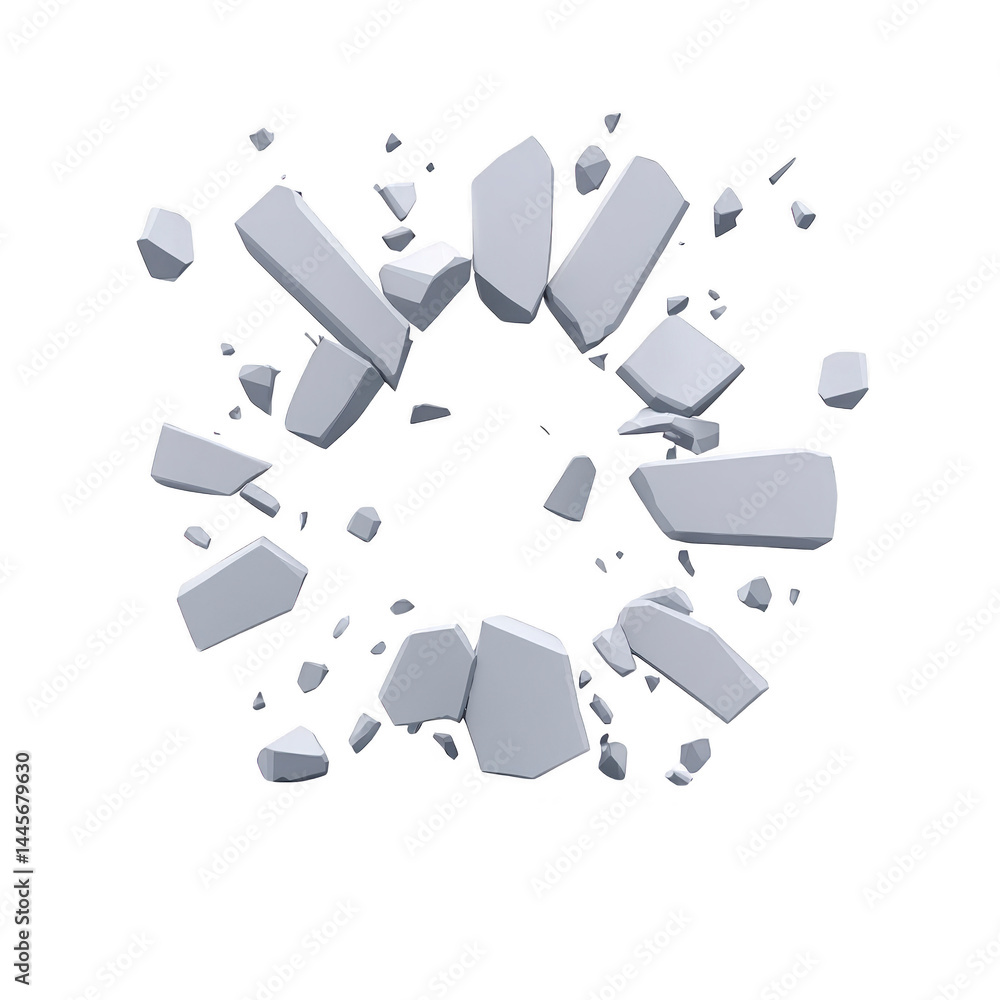 Poster dynamic 3d illustration of shattered glass pieces radiating outward, creating circular pattern again
