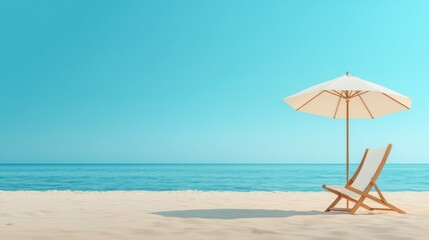 Fototapeta premium Beach scene showing a chair umbrella and ocean scenery under blue skies