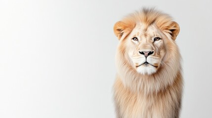 Fototapeta premium Majestic White Lion Minimalist Style High-resolution portrait Close-up view Soft fur, regal gaze Studio backdrop Warm creamy tones Ideal for wildlife conservation