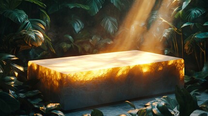 Luminous Golden Stone Block in Tropical Jungle Setting