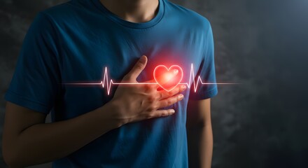 Heart Health Check Person Holding Chest with Glowing Heartbeat Line
