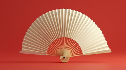 Elegant Beige Paper Fan on Red Background Asian Style Accessory
