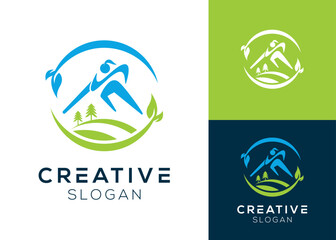 Woman runs through mountains and plantations logo design