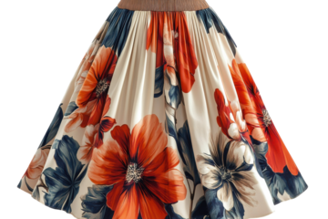 Elegant pleated floral midi skirt vibrant orange and blue blooms on cream summer fashion
