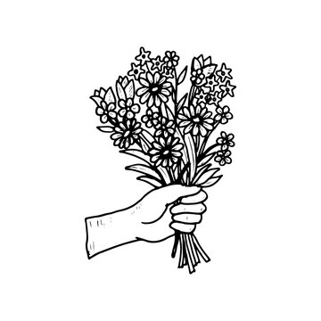 Hand holding a bouquet of beautiful flowers, vector hand-drawn.