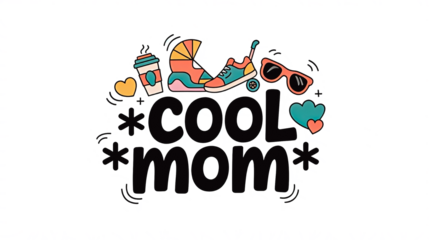 "Cool Mom" Icons Set on White Background. Modern set of icons phrase Cool Mom. Coffee cup, stroller, sneakers, sunglasses, laptop, heart, sparkles, shopping bag, car keys, yoga mat