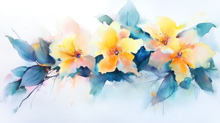 Watercolor Painting Depicting Yellow Flowers with Blue Green Leaves