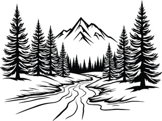 Fototapeta premium natural tree with mountain, river etc silhouette
