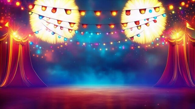Red circus tent curtains framing an empty stage illuminated by bright lights and colorful flags at night