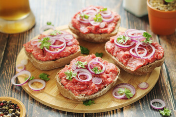 Traditional German sandwiches with minced meat Mettbroetchen