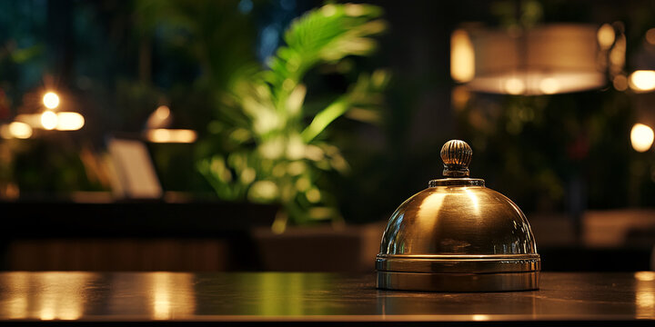 Brass service bell on dark table, blurred green plants background, suggesting hotel reception or luxury service, showcasing elegant simplicity