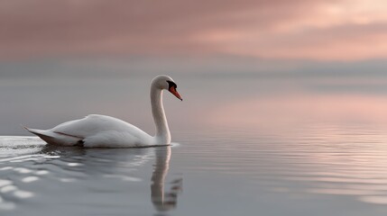 White Swan on Calm Water at Sunset