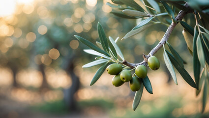 Close-up shot of an olive branch with green olives, blurred olive grove background.