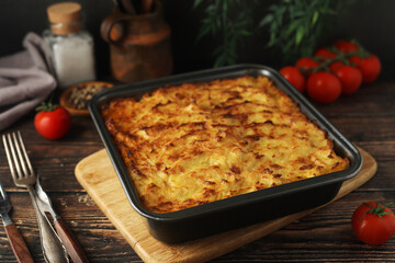 A shepherd's pie, freshly backed and ready to be served. Traditional English dish	