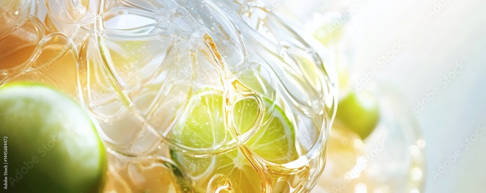 Poster refreshing slices of lime displayed inside textured clear glass