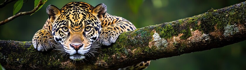 Obraz premium A beautiful jaguar rests on a moss covered tree branch