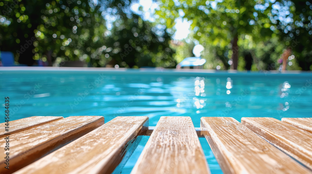 Poster serene wooden bench by a tranquil pool surrounded by nature creating a calm atmosphere for relaxatio