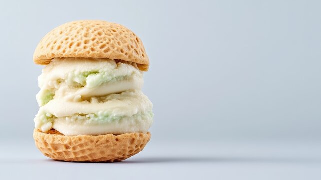 A scoop of mint ice cream sandwiched between two honeycomb wafers, close-up shot on a light blue background, and sweet dessert concept.