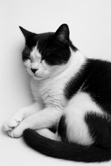 Black and White Cat Resting Peacefully, Eyes Closed, Relaxed and Cozy on a Soft White Background in a Serene and Calm Atmosphere