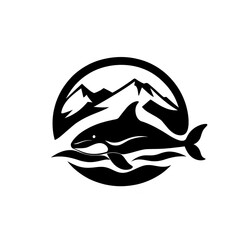 Stylized black and white logo features orca swimming in front of mountains, encircled by circular border. design is simple and bold, conveying sense of nature and wildlife