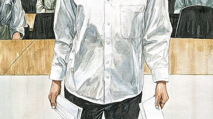 of a courtroom scene where a white shirt professional stands before a judge, papers in hand, symbolizing corporate accountability courtroom corporate professional white shirt standing trial 