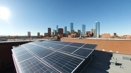 Rooftop solar panels with a city skyline on a clear day