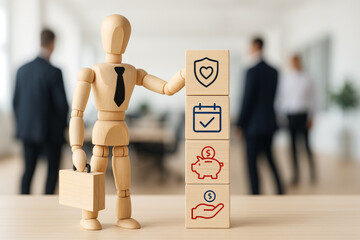 Employee benefits concept with wooden figure in office, holding briefcase, showing icons for insurance, savings, and financial support