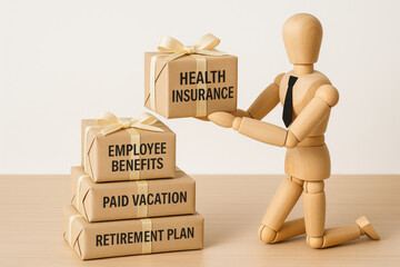Employee benefits include health insurance paid vacation and retirement plan shown as gift boxes with wooden figure in office setting