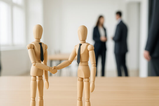 Two wooden figures shaking hands at desk in modern conference room, symbolizing employee benefits agreement, with blurred people behind - Powered by Adobe