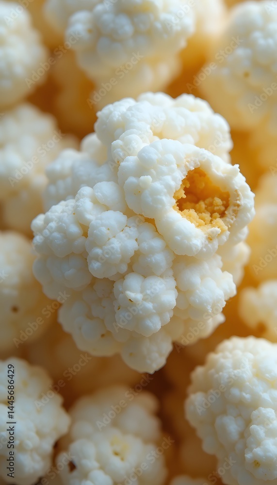 Poster a single popcorn kernel, a magnified, detailed view showcasing its intricate texture, the light boun