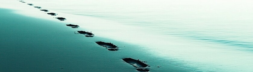 Fototapeta premium Footprints in shallow water leading toward the horizon line