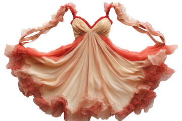 Elegant peach coral chiffon gown exquisite pleated detail flowing ruffles delicate straps vintage