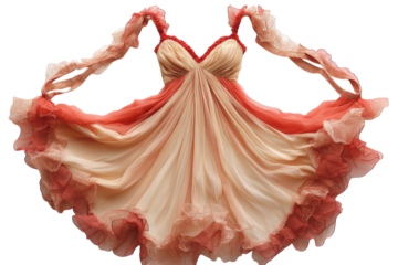 Elegant peach coral chiffon gown exquisite pleated detail flowing ruffles delicate straps vintage