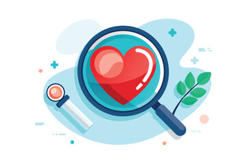 A red heart symbol is magnified through a glass, surrounded by abstract shapes and greenery, representing concepts of love, wellness, and care in a modern design.
