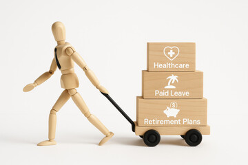 Employee benefits concept with wooden figure pulling cart of healthcare paid leave retirement plans, symbolizing workplace support
