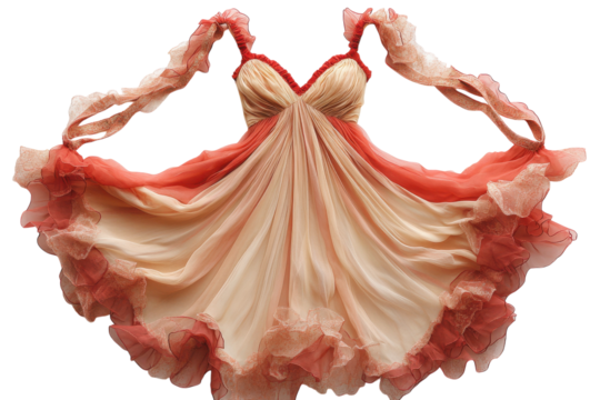 Elegant peach coral chiffon gown exquisite pleated detail flowing ruffles delicate straps vintage