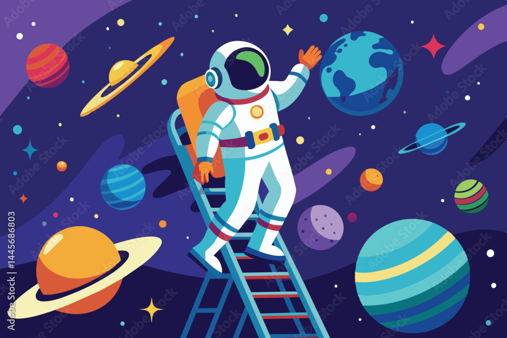 Poster an astronaut stands on a ladder in space, waving at earth while colorful planets and stars float aro