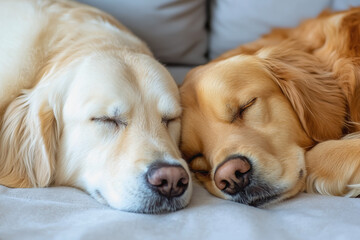 Fototapeta na wymiar Two adorable dogs comfortably sleeping on a cozy couch embracing the joy of loving pets and companionship at home
