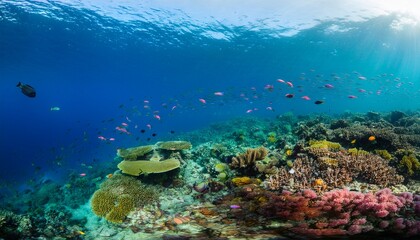 Fototapeta premium Colorful Coral Reef With Schools Of Tropical Fish. Panoramic Banner.