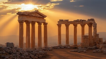 Obraz premium Ancient stone columns and ruins bathed in beautiful sunset sunlight
