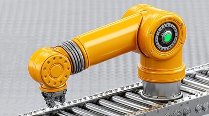 Yellow Robotic Arm on a Metallic Conveyor Belt