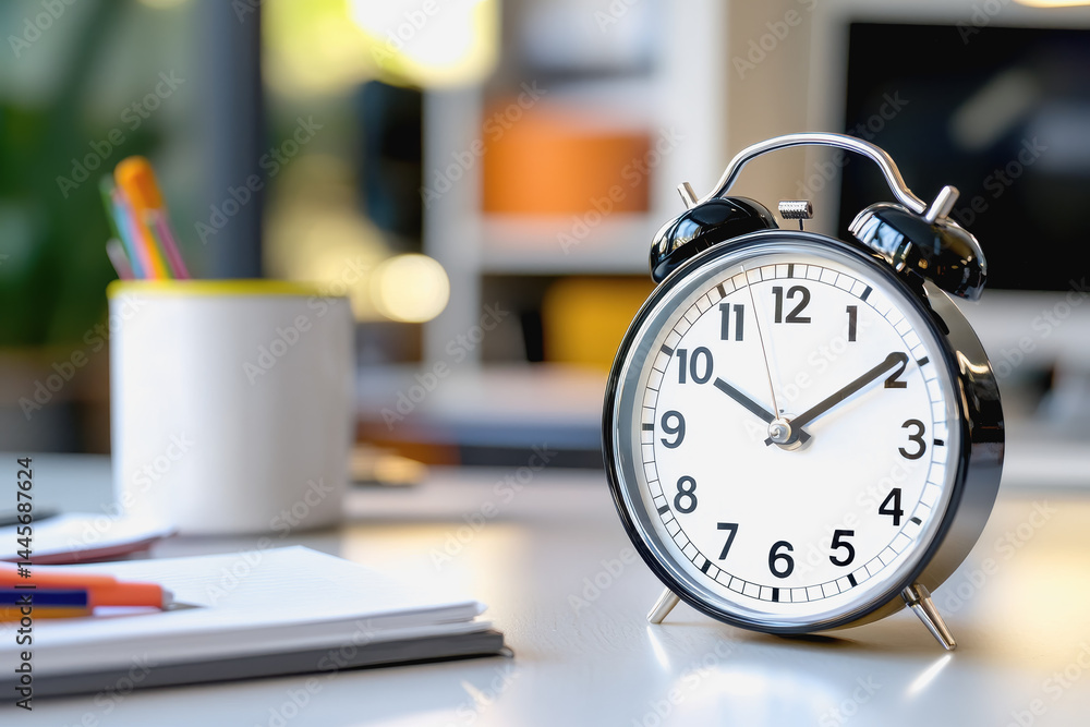 Poster stylish modern clock positioned on a sleek desk enhancing productivity and time management in a prof