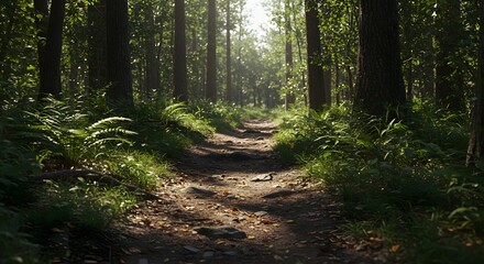 Obraz premium Forest Path Hiking Trail Through Green Trees in Sunlight