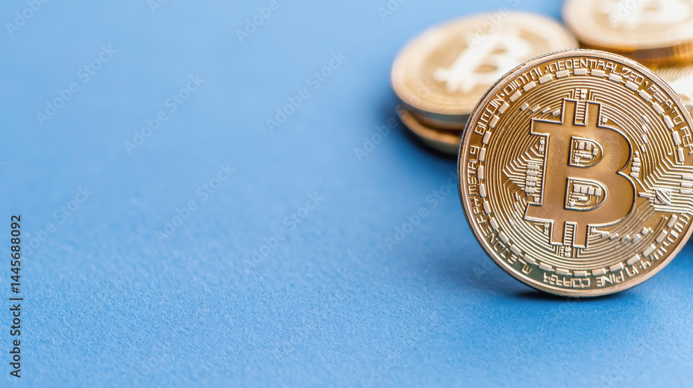Poster close-up view of a bitcoin symbolizing the future of digital currency and the rise of blockchain tec