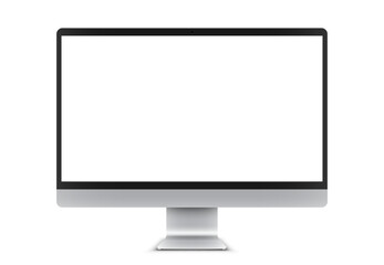 Vector illustration of desktop pc or monitor with blank empty white screen. Realistic mockup or template isolated on white background